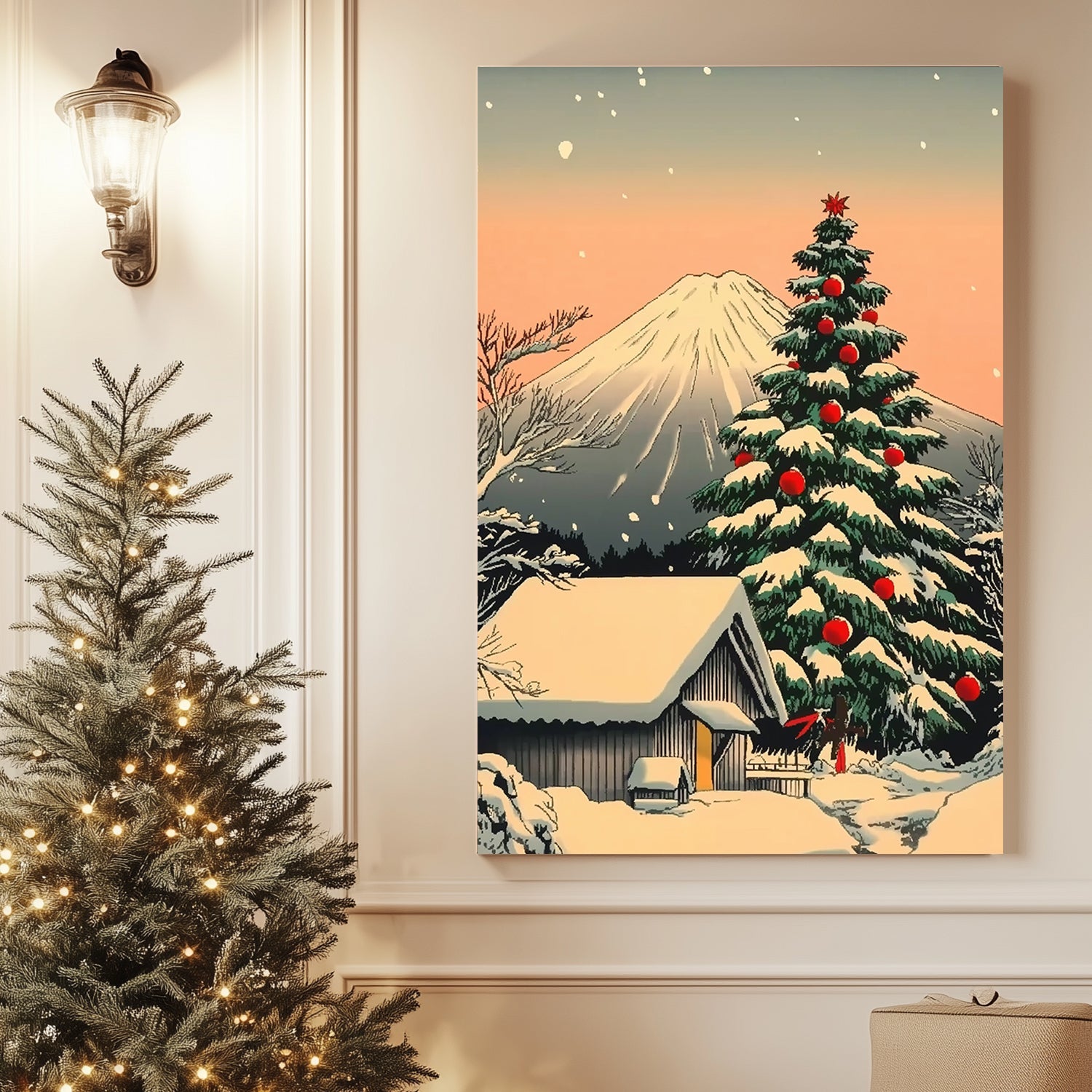 Snowy cabin and Christmas tree with red ornaments, set against a majestic mountain and sunset backdrop.