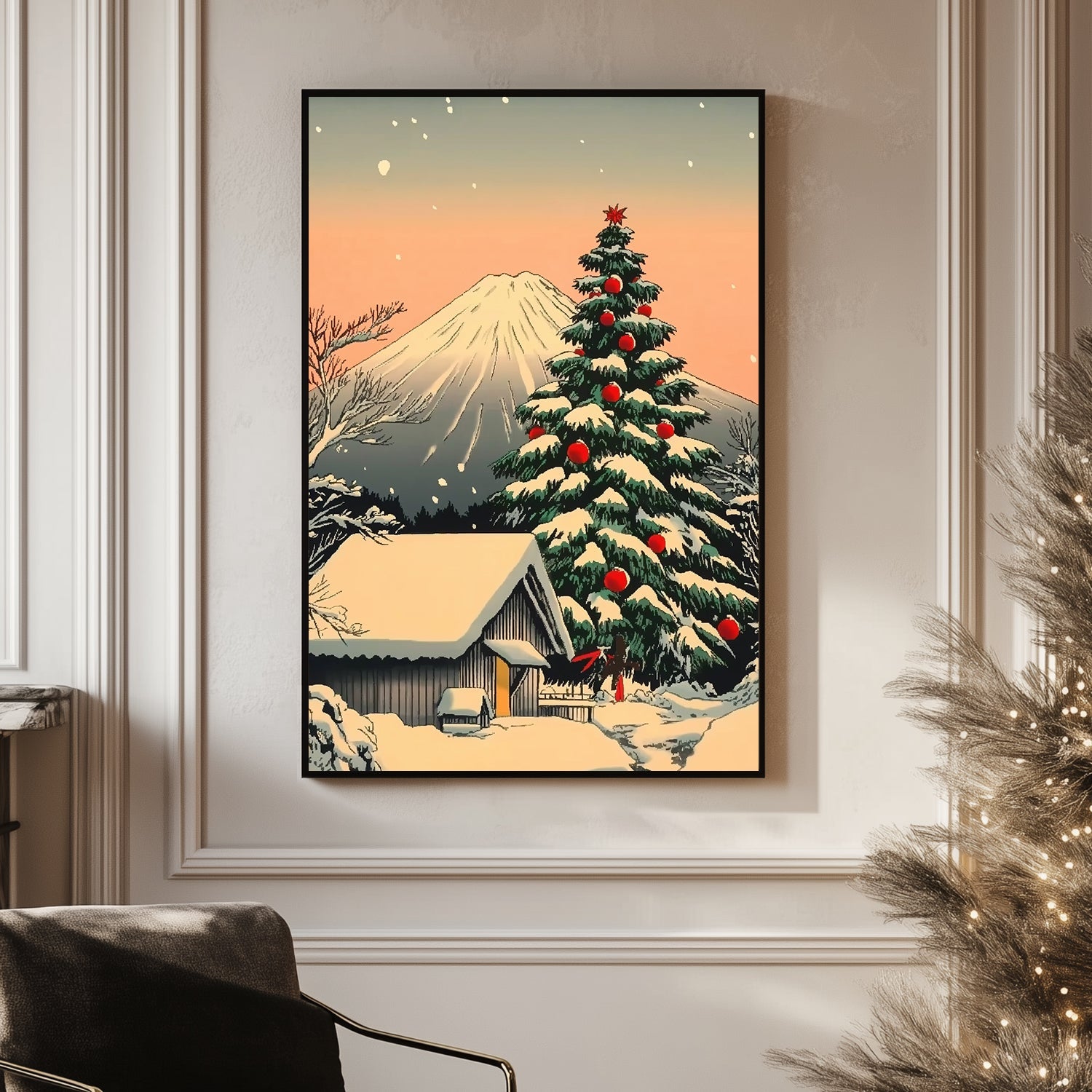 Snowy cabin and Christmas tree with red ornaments, set against a majestic mountain and sunset backdrop.