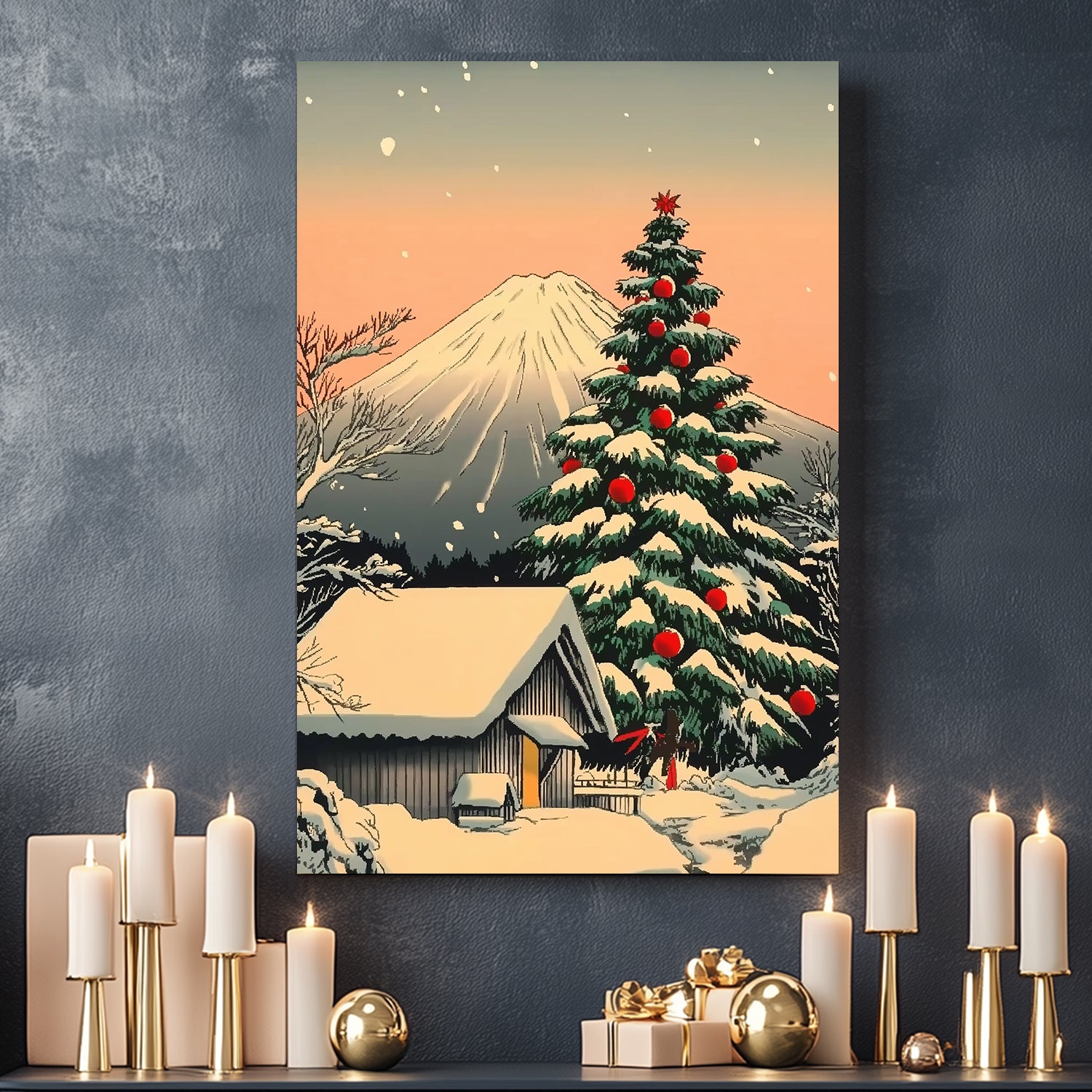 Snowy cabin and Christmas tree with red ornaments, set against a majestic mountain and sunset backdrop.