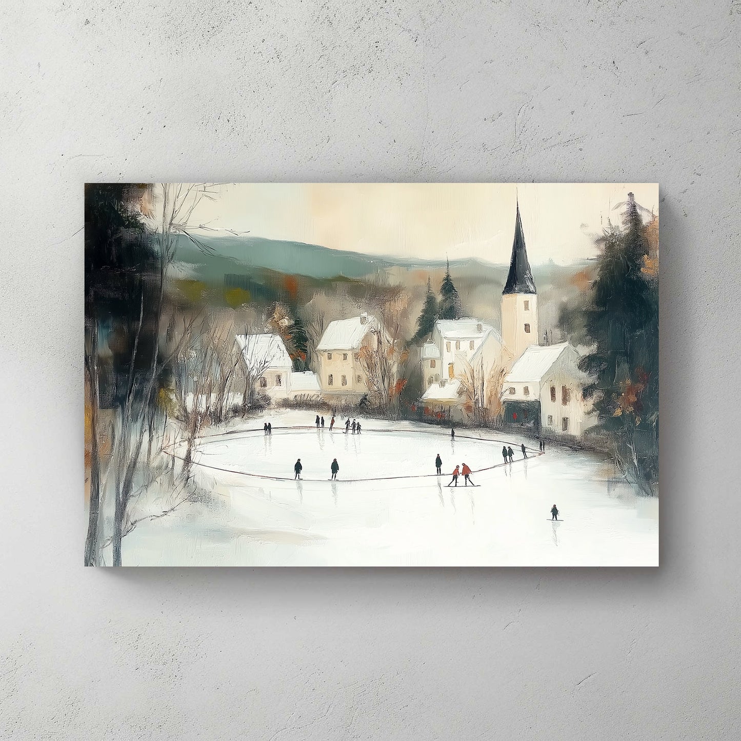 Winter village scene with skaters on a frozen pond and snow-covered houses and church steeple in the background.