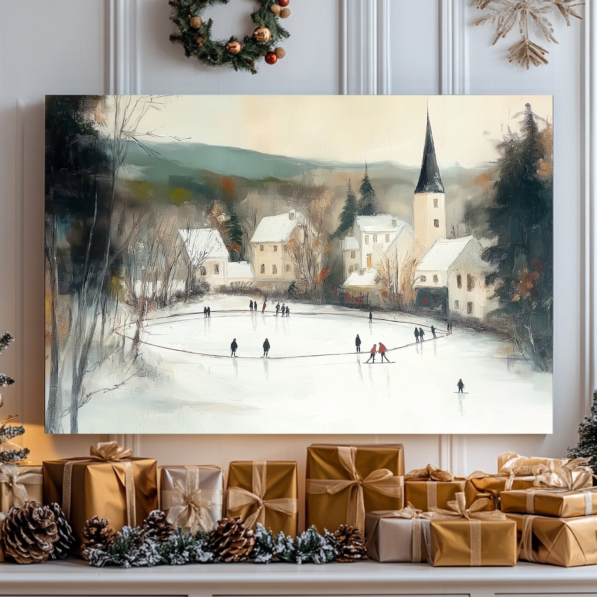 Winter village scene with skaters on a frozen pond and snow-covered houses and church steeple in the background.