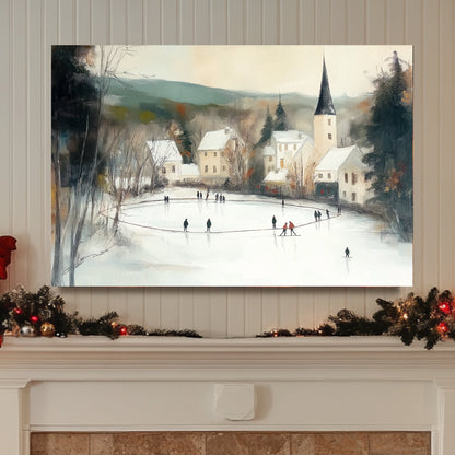 Winter village scene with skaters on a frozen pond and snow-covered houses and church steeple in the background.