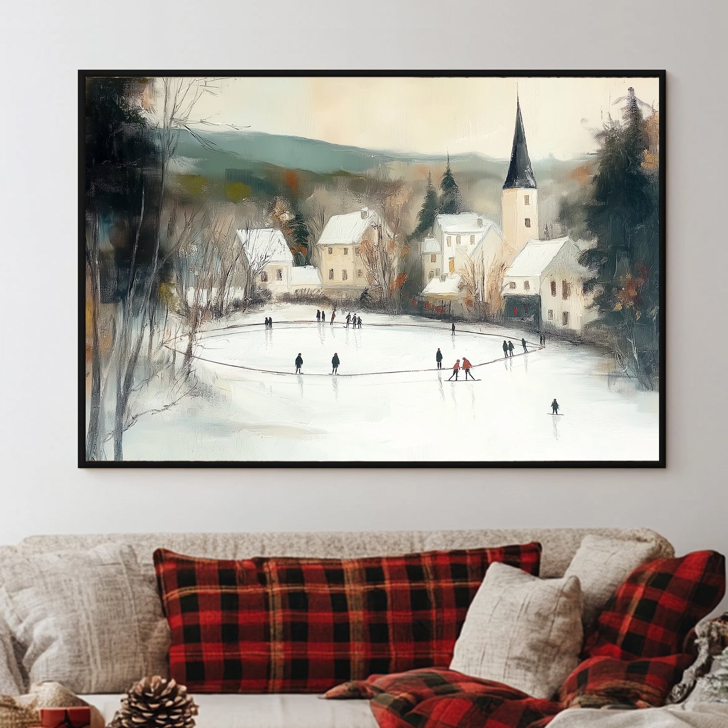 Winter village scene with skaters on a frozen pond and snow-covered houses and church steeple in the background.