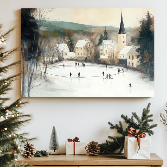 Winter village scene with skaters on a frozen pond and snow-covered houses and church steeple in the background.