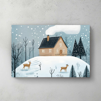 Snowy cabin on a hill with deer and frosted trees under softly falling snow.