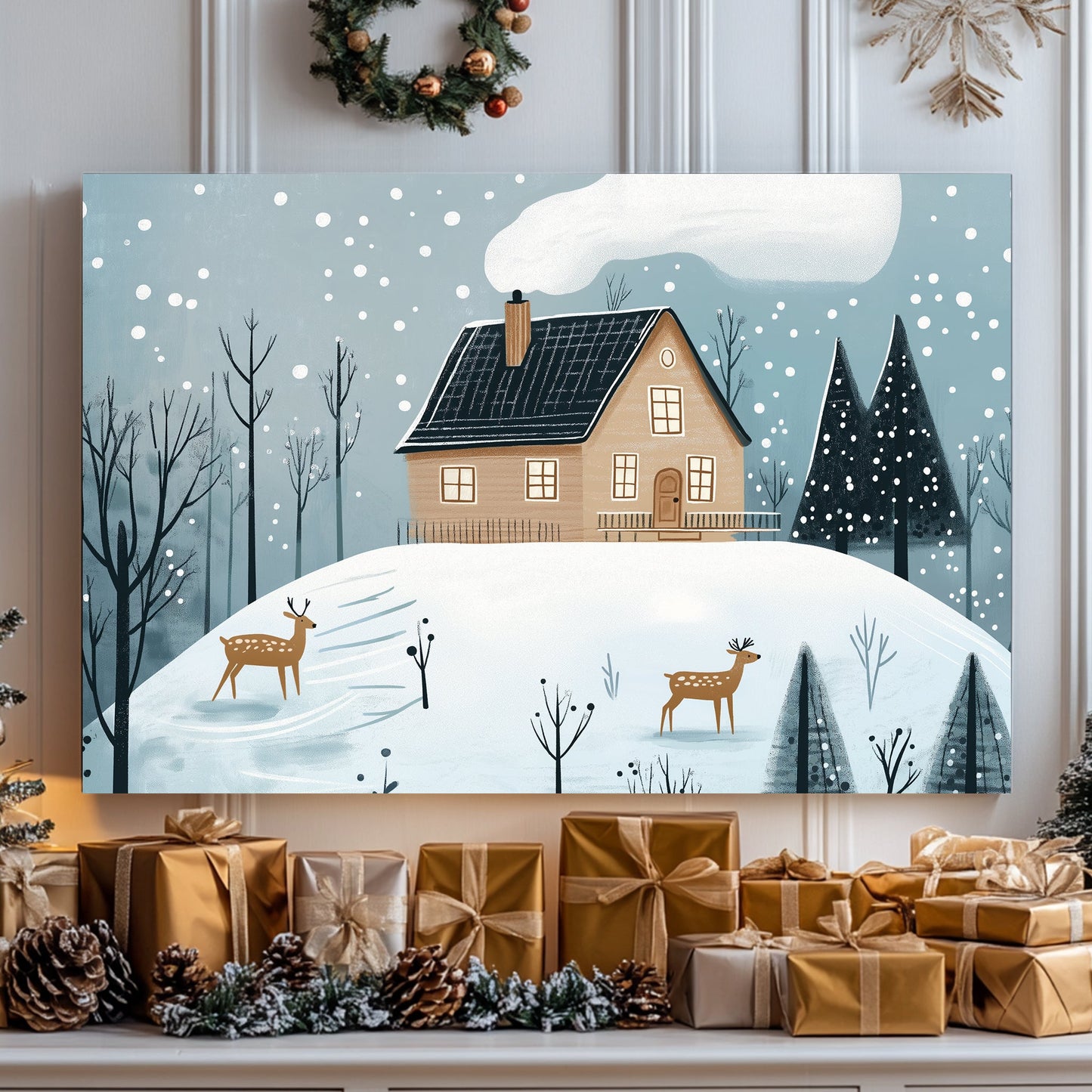 Snowy cabin on a hill with deer and frosted trees under softly falling snow.