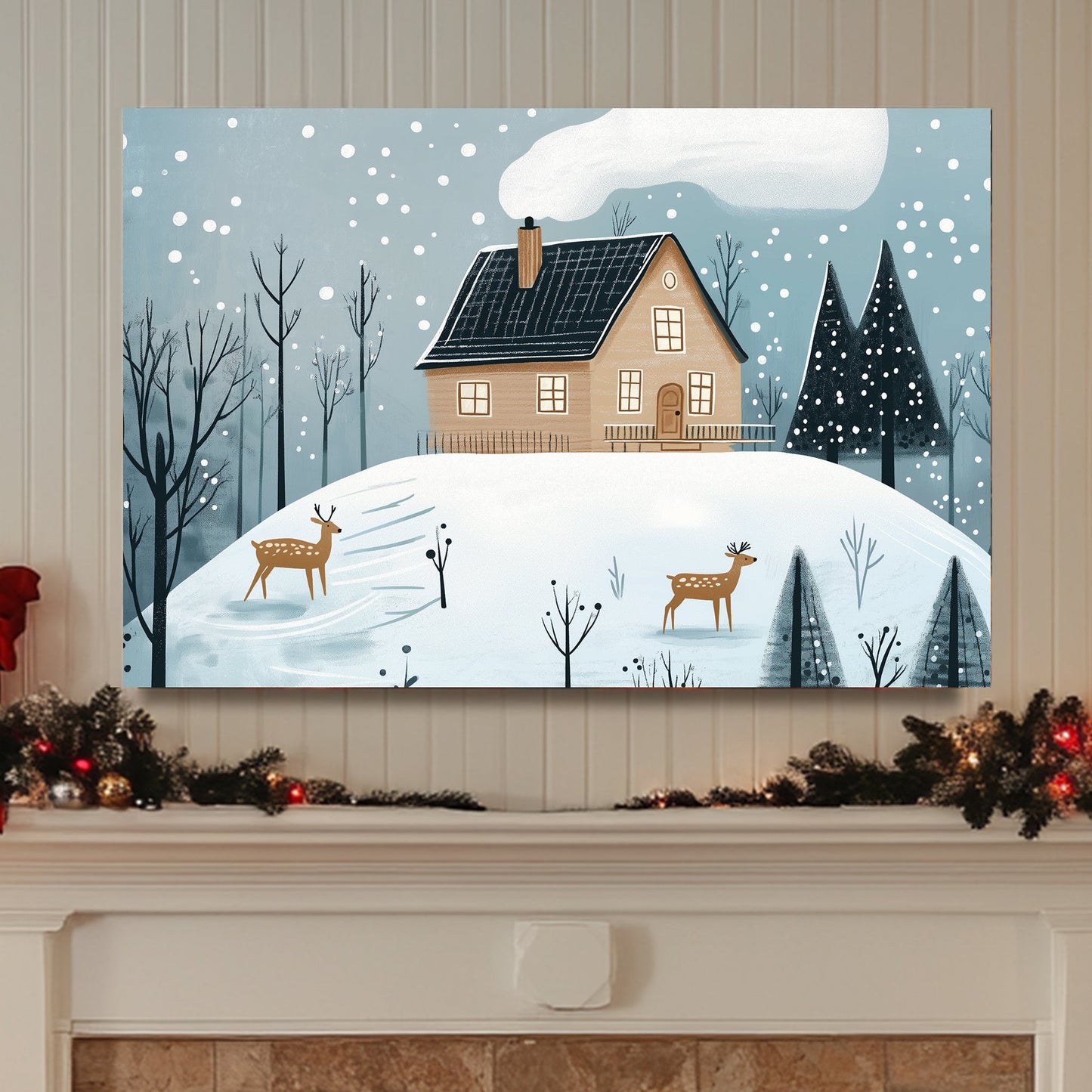 Snowy cabin on a hill with deer and frosted trees under softly falling snow.