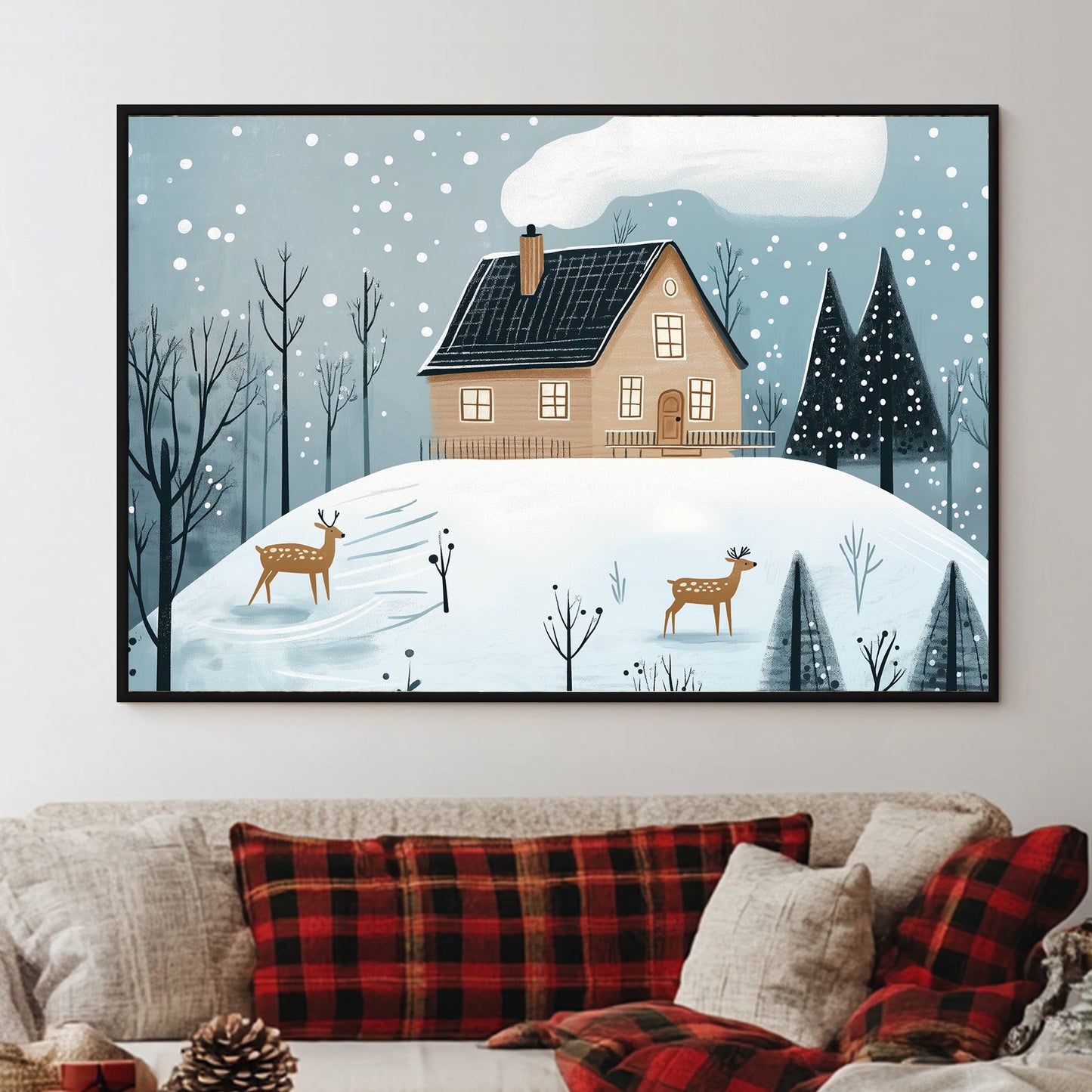 Snowy cabin on a hill with deer and frosted trees under softly falling snow.