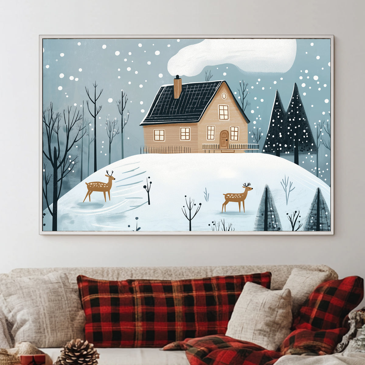 Snowy cabin on a hill with deer and frosted trees under softly falling snow.