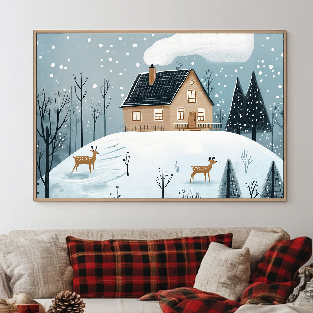 Snowy cabin on a hill with deer and frosted trees under softly falling snow.