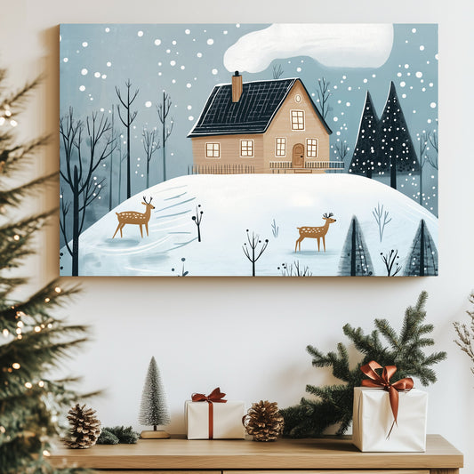 Snowy cabin on a hill with deer and frosted trees under softly falling snow.