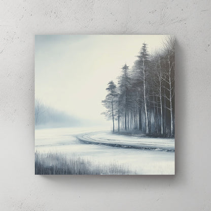 Frosted winter path winding through a snowy forest with bare trees and a misty atmosphere.