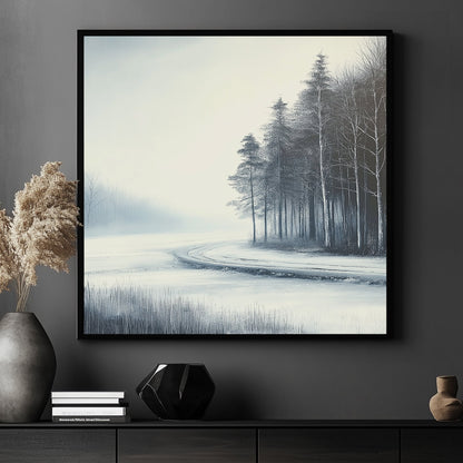 Frosted winter path winding through a snowy forest with bare trees and a misty atmosphere.