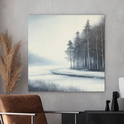 Frosted winter path winding through a snowy forest with bare trees and a misty atmosphere.