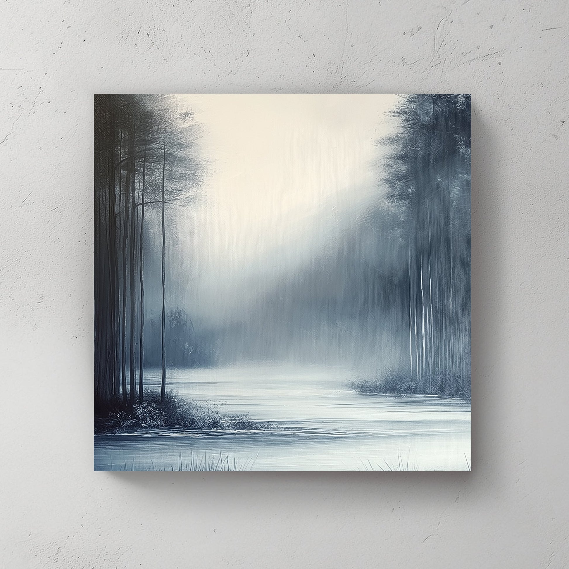 Misty winter landscape with slender trees and a serene frozen water surface enveloped in soft fog.