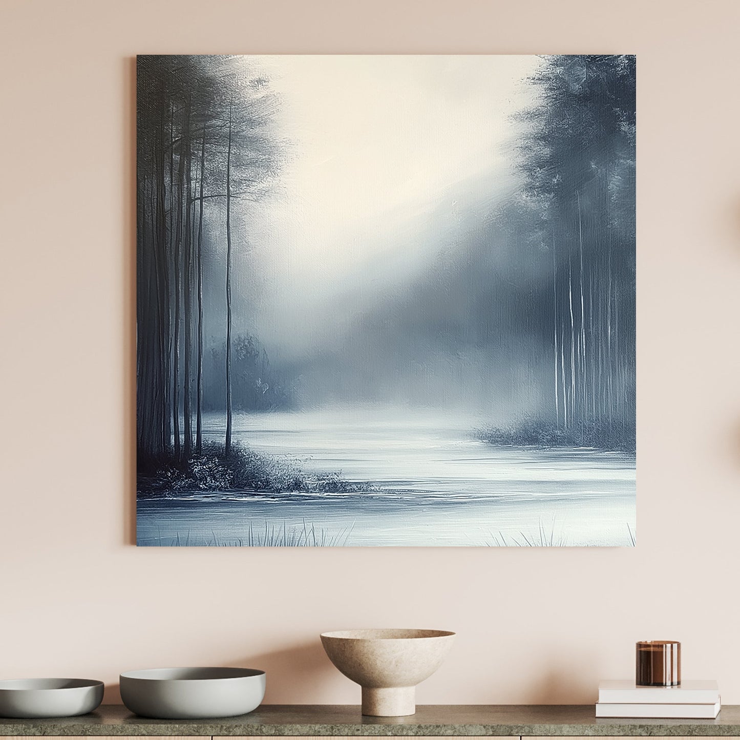 Misty winter landscape with slender trees and a serene frozen water surface enveloped in soft fog.