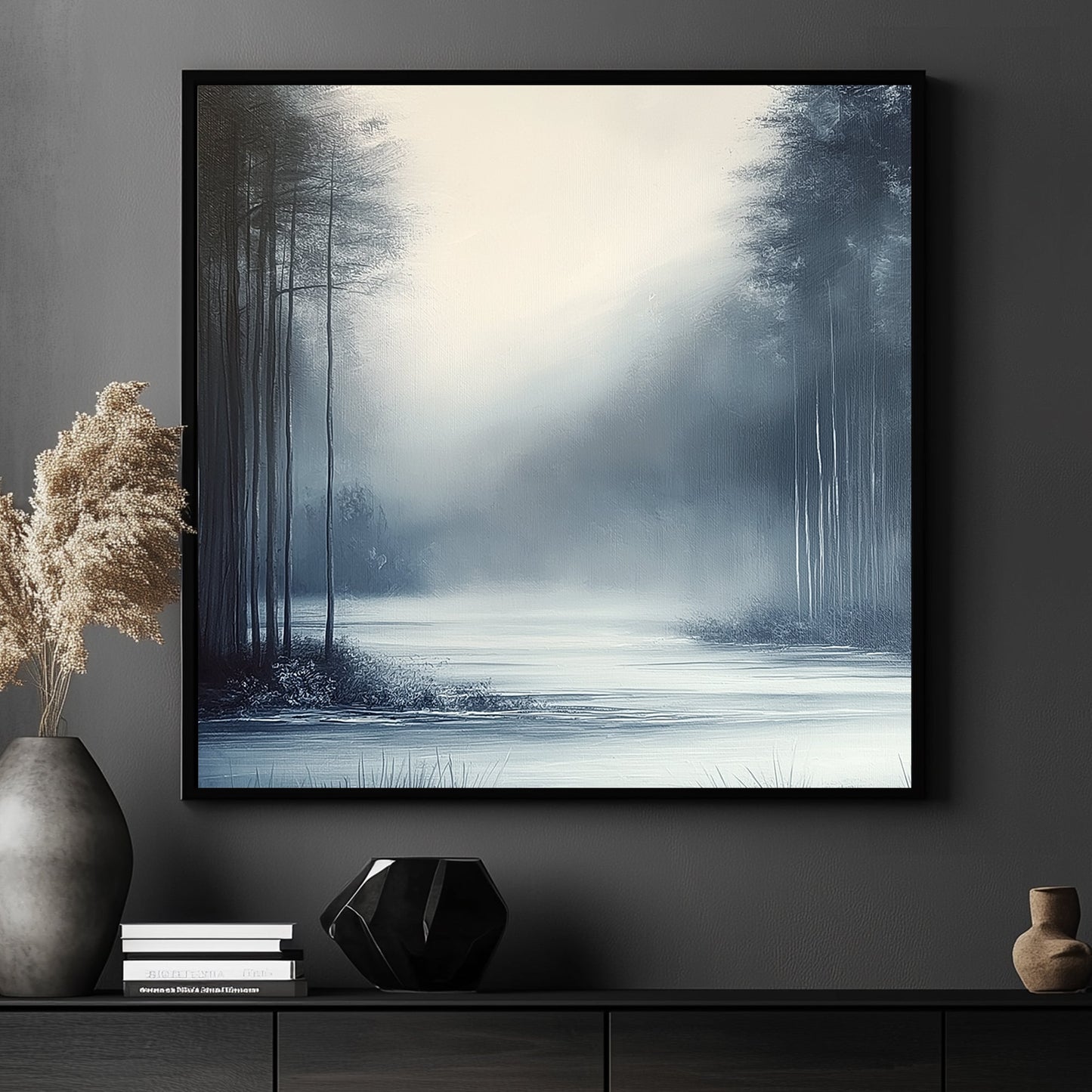 Misty winter landscape with slender trees and a serene frozen water surface enveloped in soft fog.