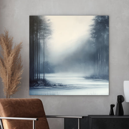 Misty winter landscape with slender trees and a serene frozen water surface enveloped in soft fog.