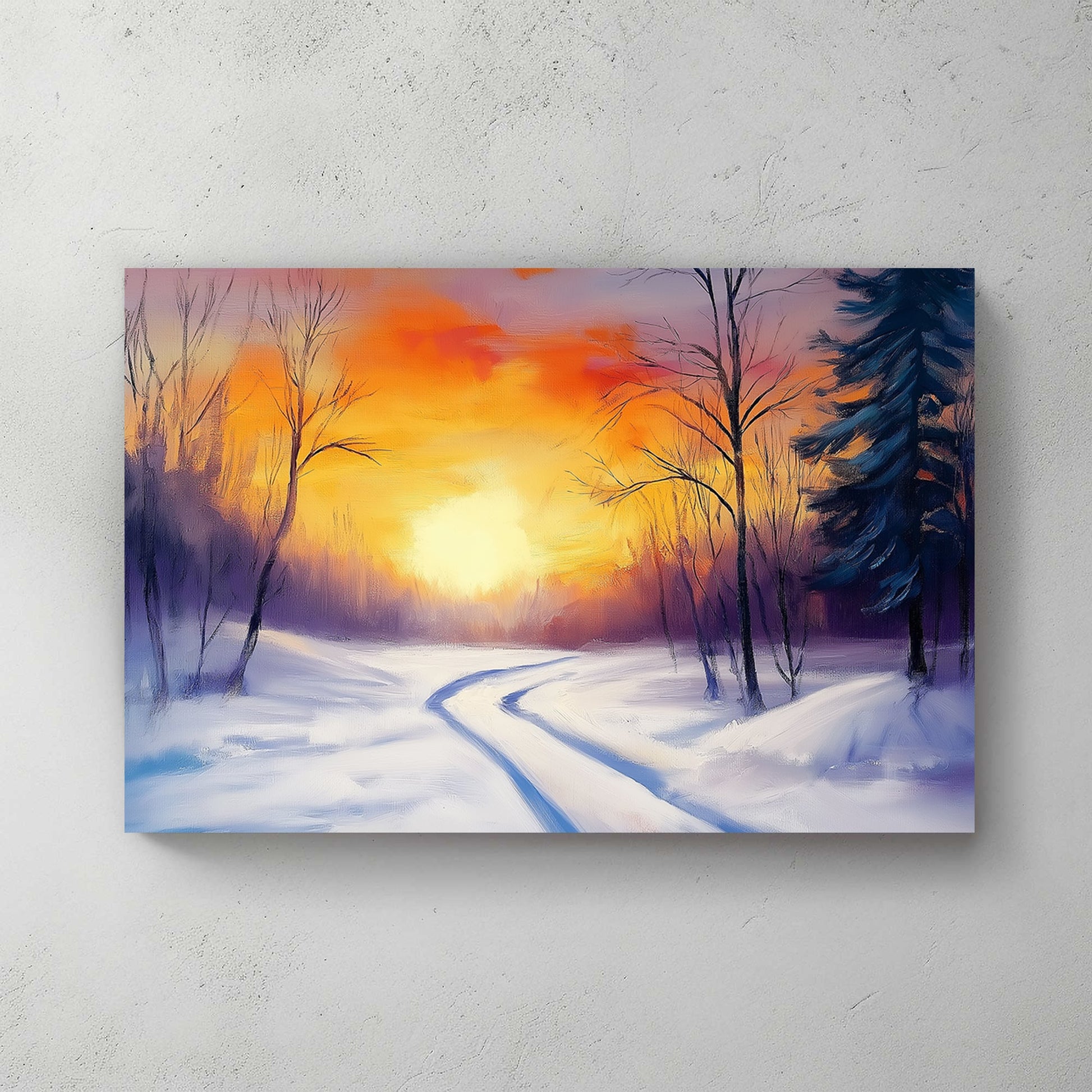 Vibrant winter sunset with orange and purple hues, snowy trail winding through bare trees and evergreens.