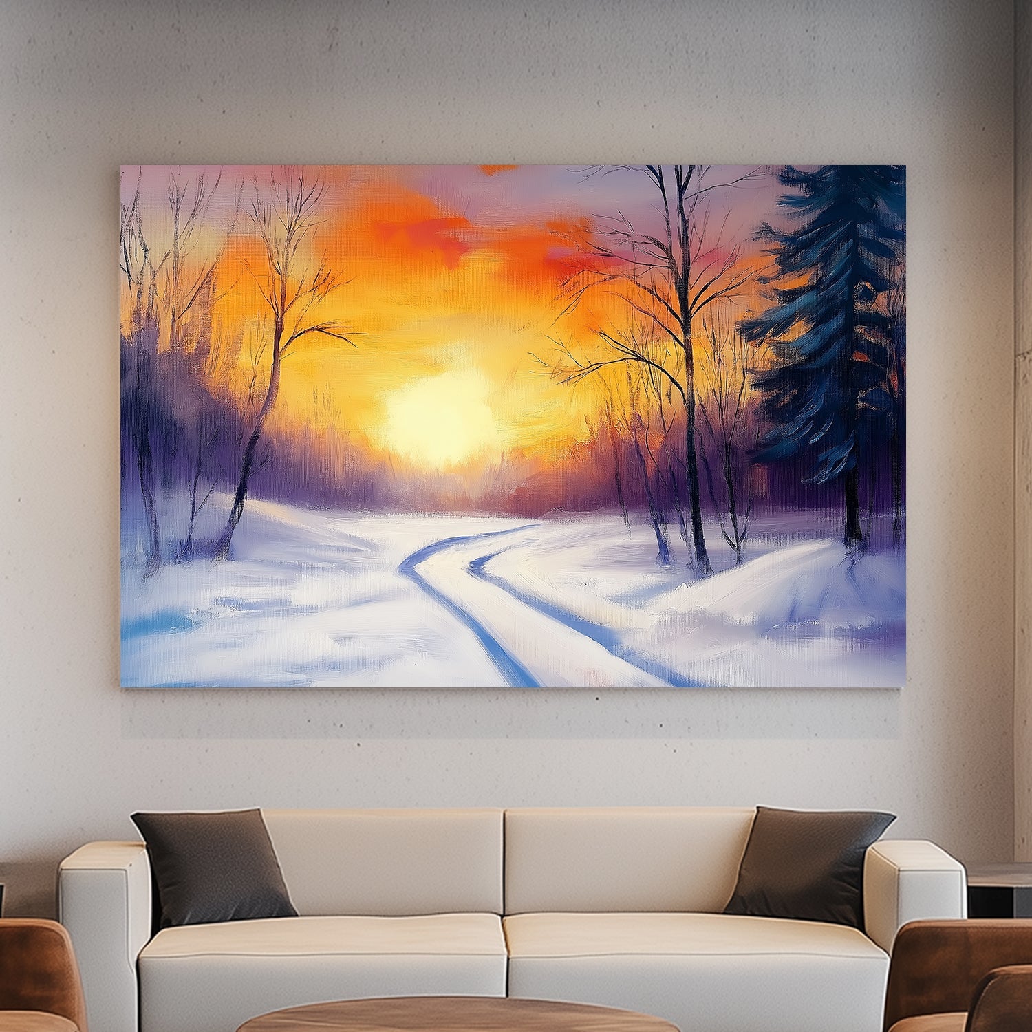 Vibrant winter sunset with orange and purple hues, snowy trail winding through bare trees and evergreens.