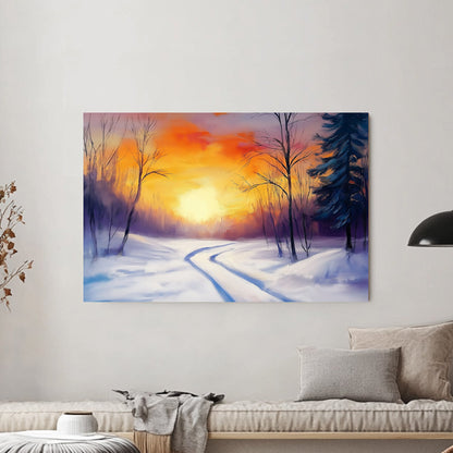 Vibrant winter sunset with orange and purple hues, snowy trail winding through bare trees and evergreens.