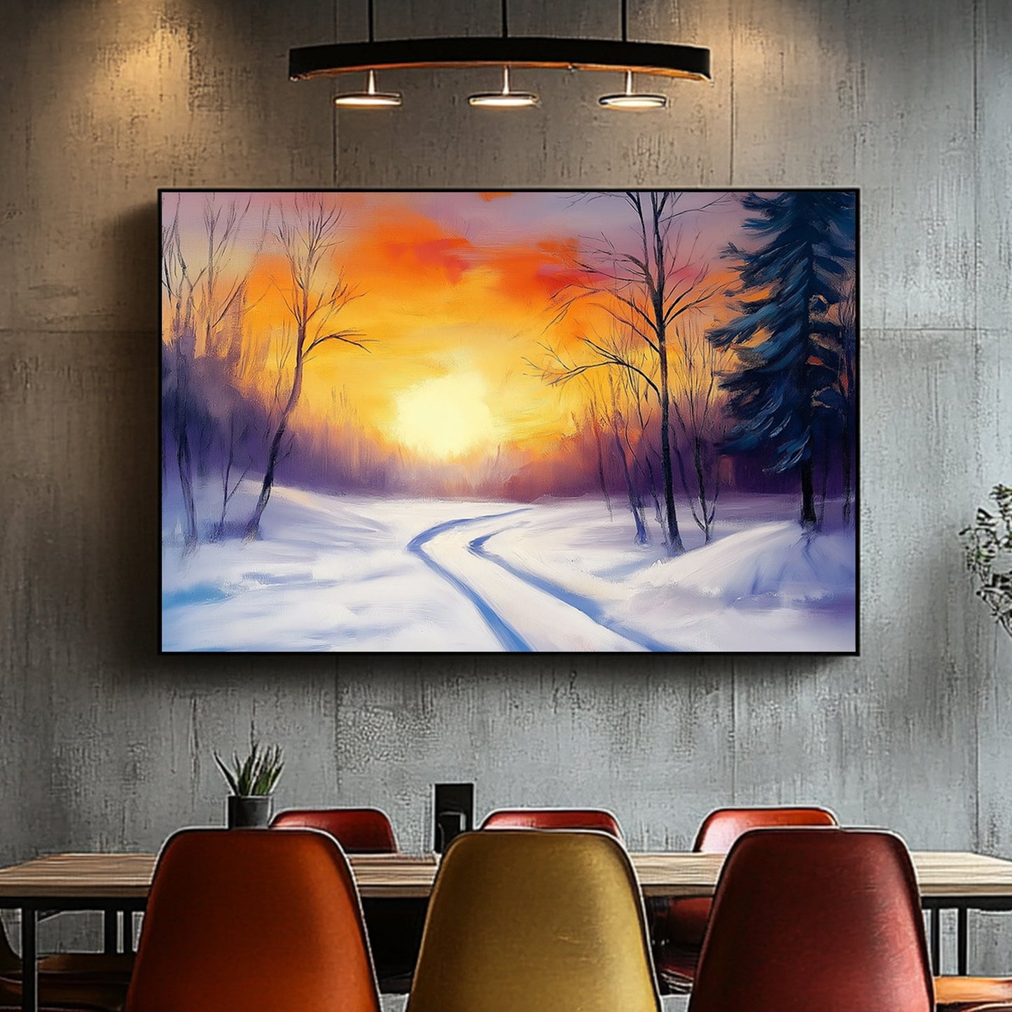 Vibrant winter sunset with orange and purple hues, snowy trail winding through bare trees and evergreens.