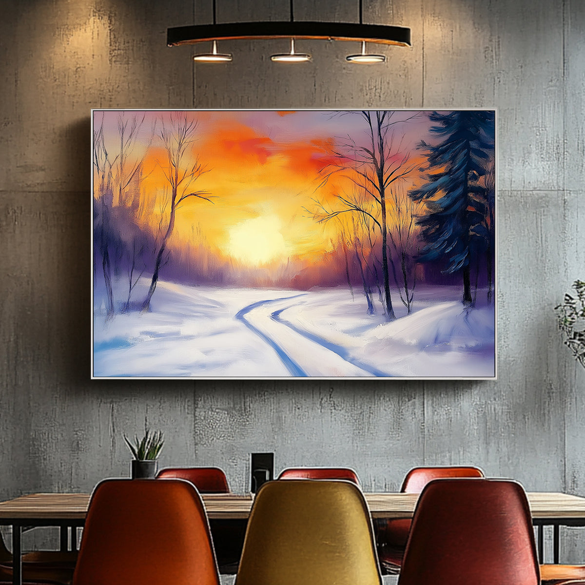 Vibrant winter sunset with orange and purple hues, snowy trail winding through bare trees and evergreens.