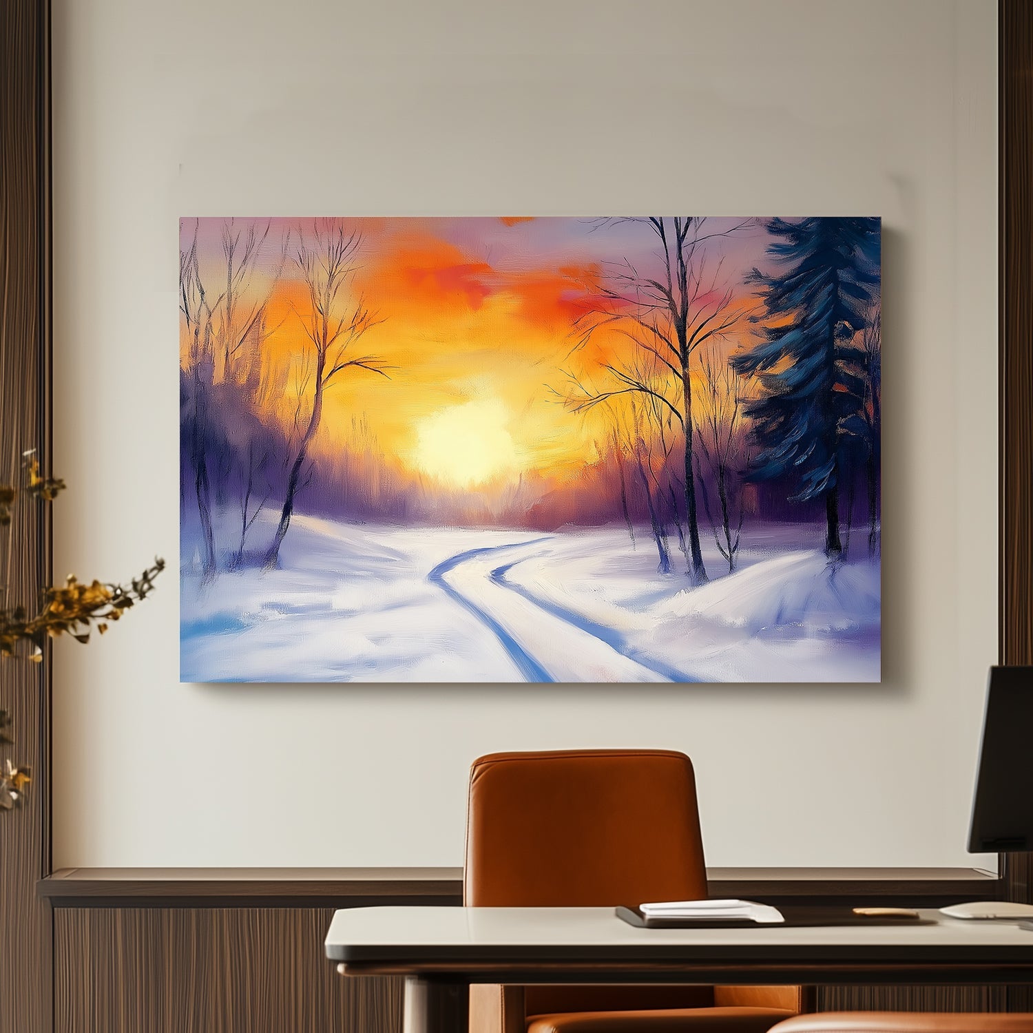 Vibrant winter sunset with orange and purple hues, snowy trail winding through bare trees and evergreens.