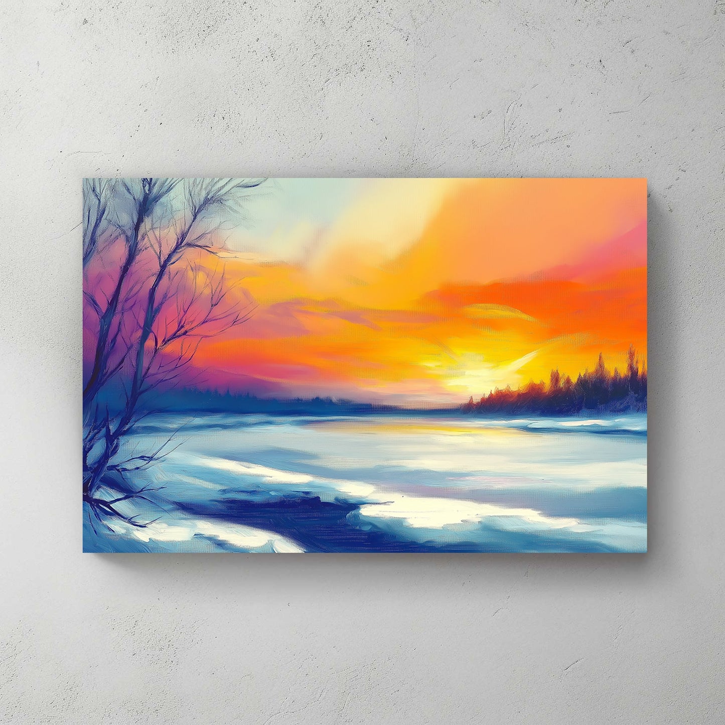 Vibrant winter sunset with orange and purple hues reflecting on a frozen lake surrounded by bare trees and distant evergreens.