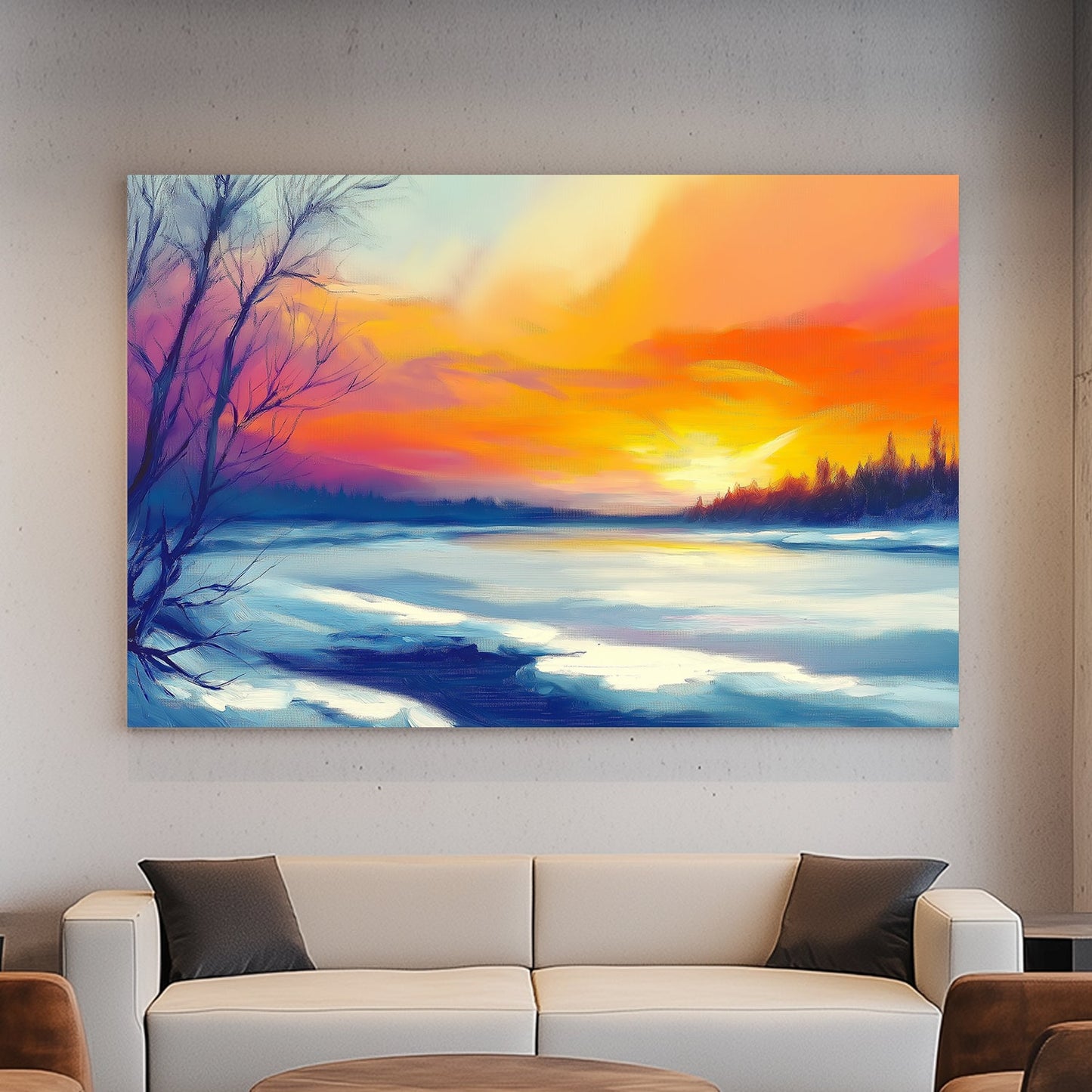 Vibrant winter sunset with orange and purple hues reflecting on a frozen lake surrounded by bare trees and distant evergreens.