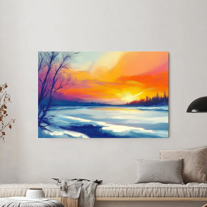 Vibrant winter sunset with orange and purple hues reflecting on a frozen lake surrounded by bare trees and distant evergreens.