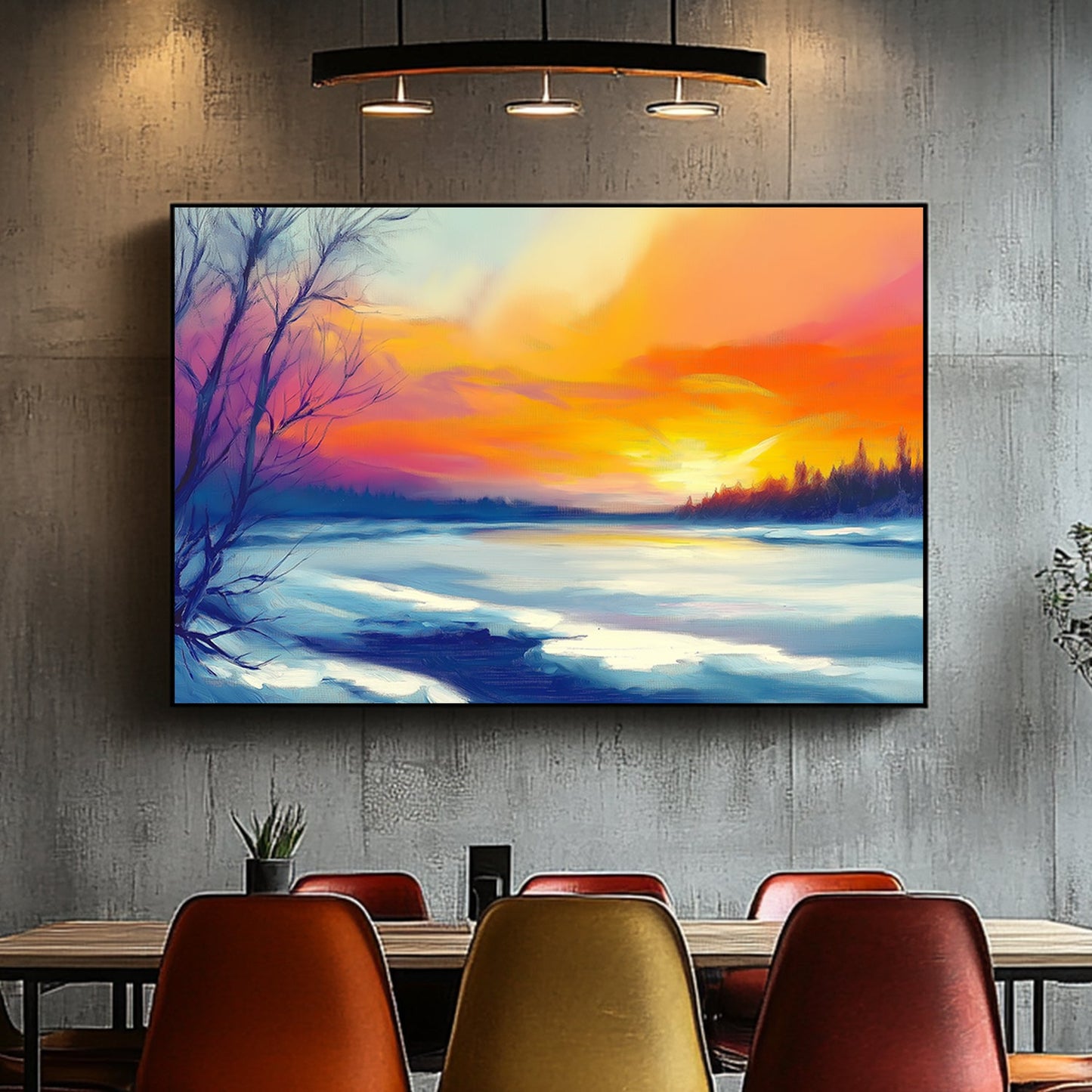 Vibrant winter sunset with orange and purple hues reflecting on a frozen lake surrounded by bare trees and distant evergreens.