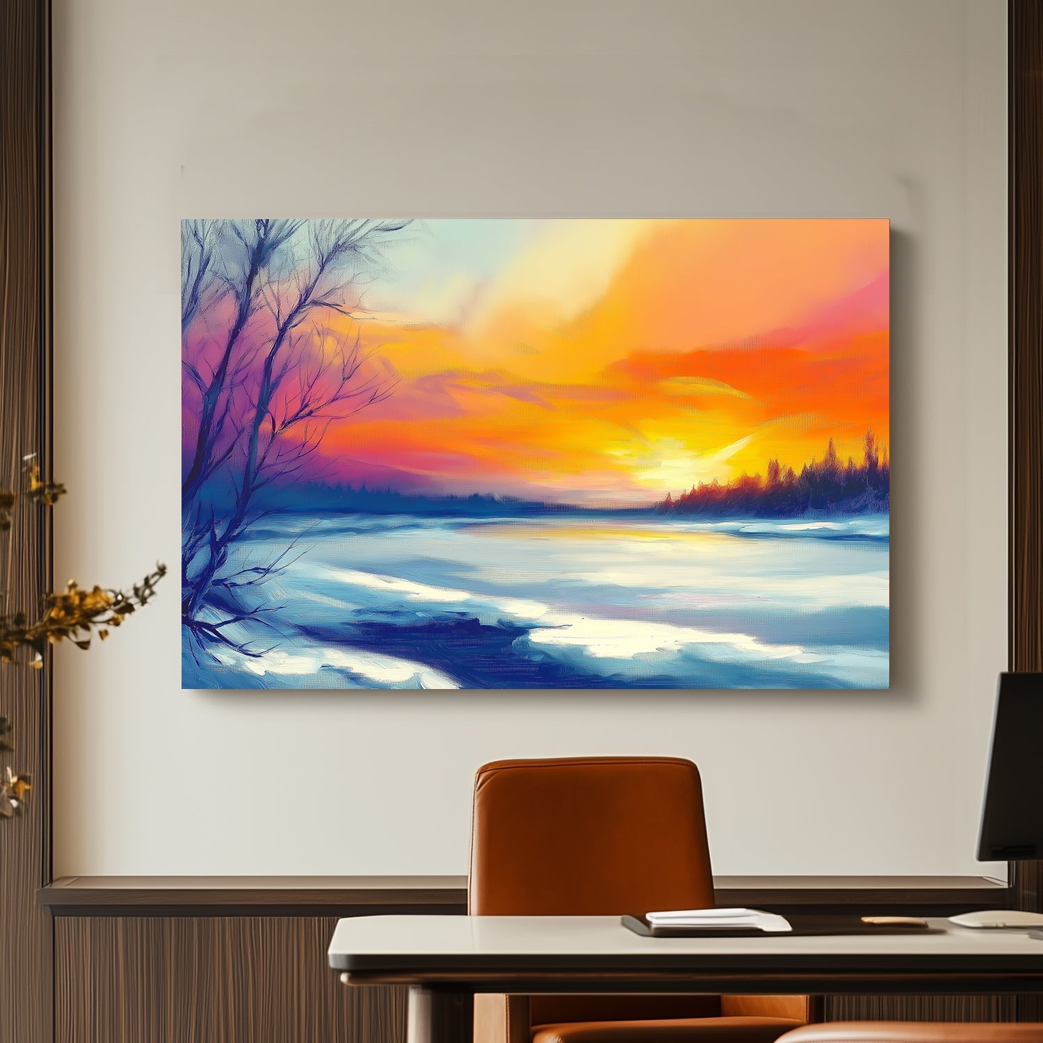 Vibrant winter sunset with orange and purple hues reflecting on a frozen lake surrounded by bare trees and distant evergreens.