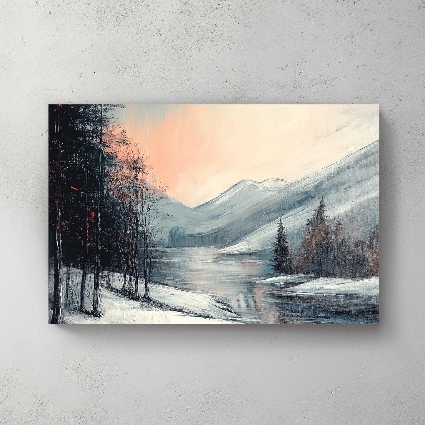 Winter landscape with a soft pink and blue sky, icy river reflections, snowy mountain peaks, and frost-laden trees.