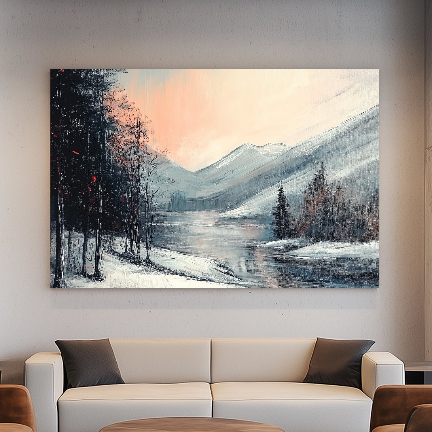 Winter landscape with a soft pink and blue sky, icy river reflections, snowy mountain peaks, and frost-laden trees.