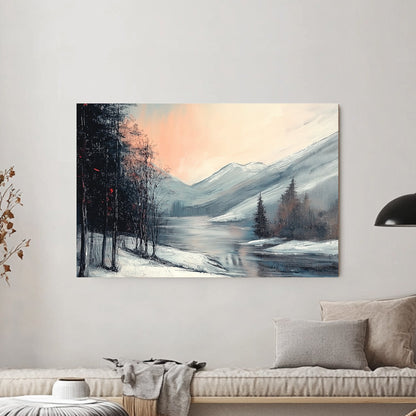 Winter landscape with a soft pink and blue sky, icy river reflections, snowy mountain peaks, and frost-laden trees.