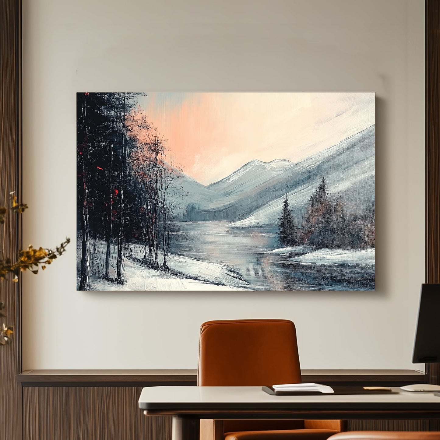 Winter landscape with a soft pink and blue sky, icy river reflections, snowy mountain peaks, and frost-laden trees.