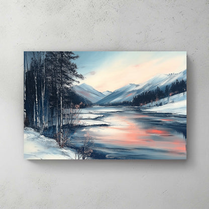 Winter river reflecting pink and blue twilight, surrounded by snowy trees and distant mountains.