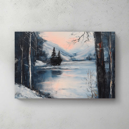 Serene winter lake with soft pink sunset, surrounded by snowy trees and mountains.