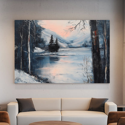 Serene winter lake with soft pink sunset, surrounded by snowy trees and mountains.