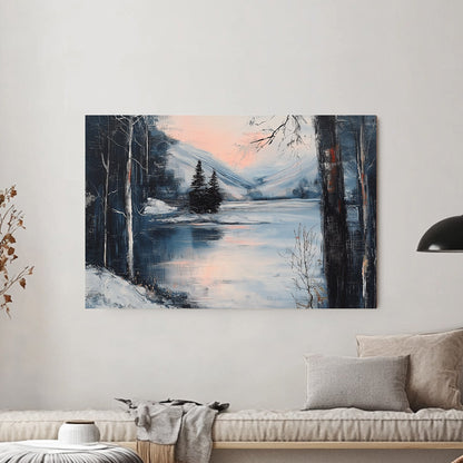 Serene winter lake with soft pink sunset, surrounded by snowy trees and mountains.