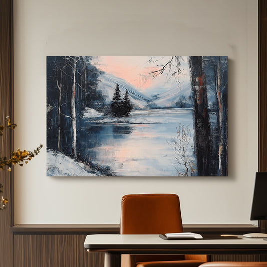 Serene winter lake with soft pink sunset, surrounded by snowy trees and mountains.