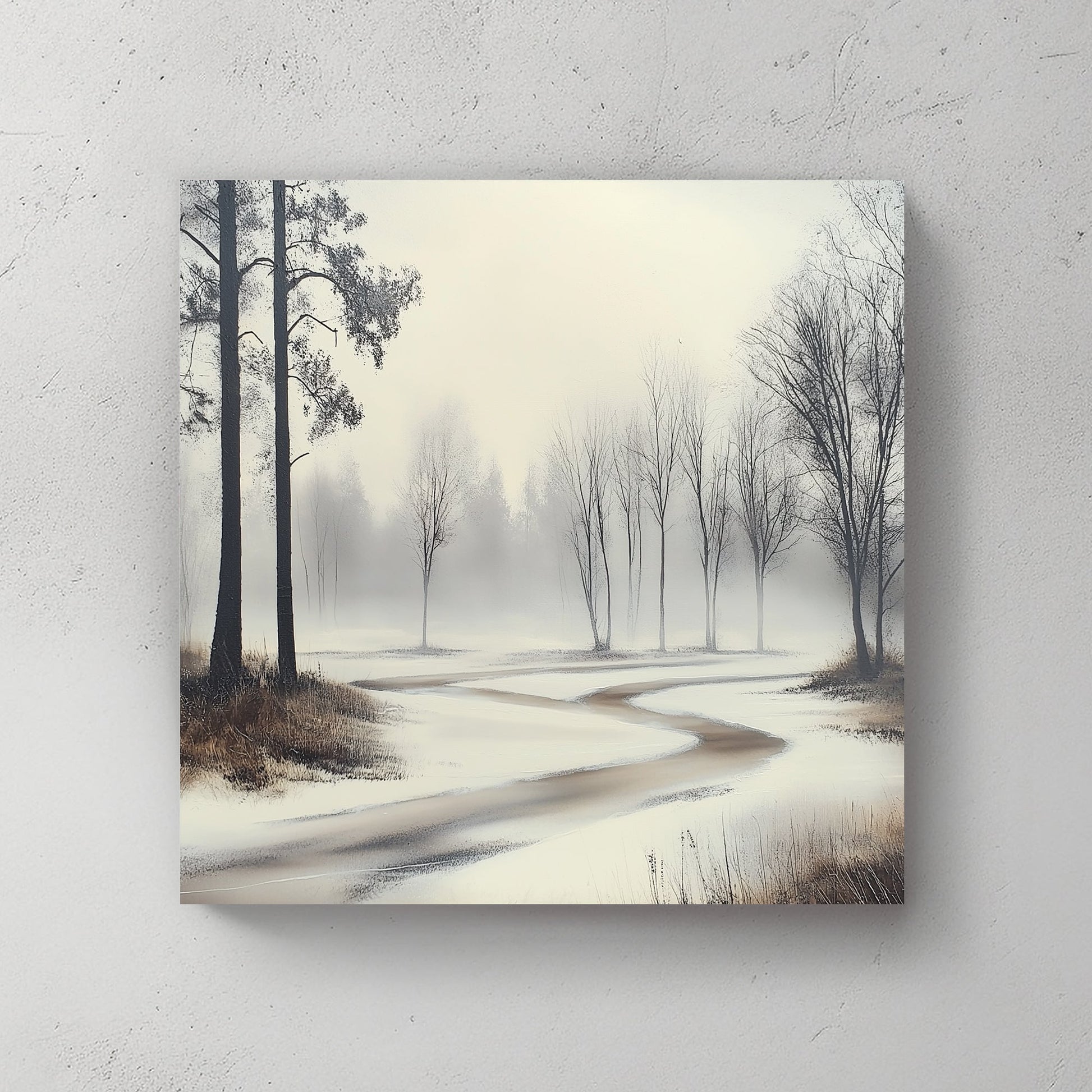 Misty winter landscape with a winding frozen path and bare trees.