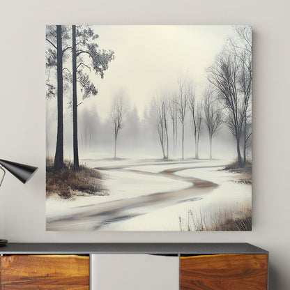 Misty winter landscape with a winding frozen path and bare trees.