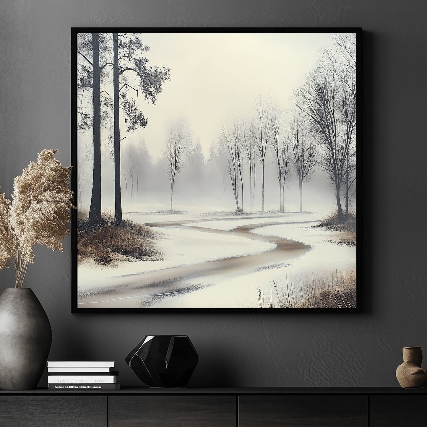 Misty winter landscape with a winding frozen path and bare trees.