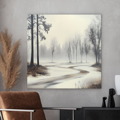 Misty winter landscape with a winding frozen path and bare trees.