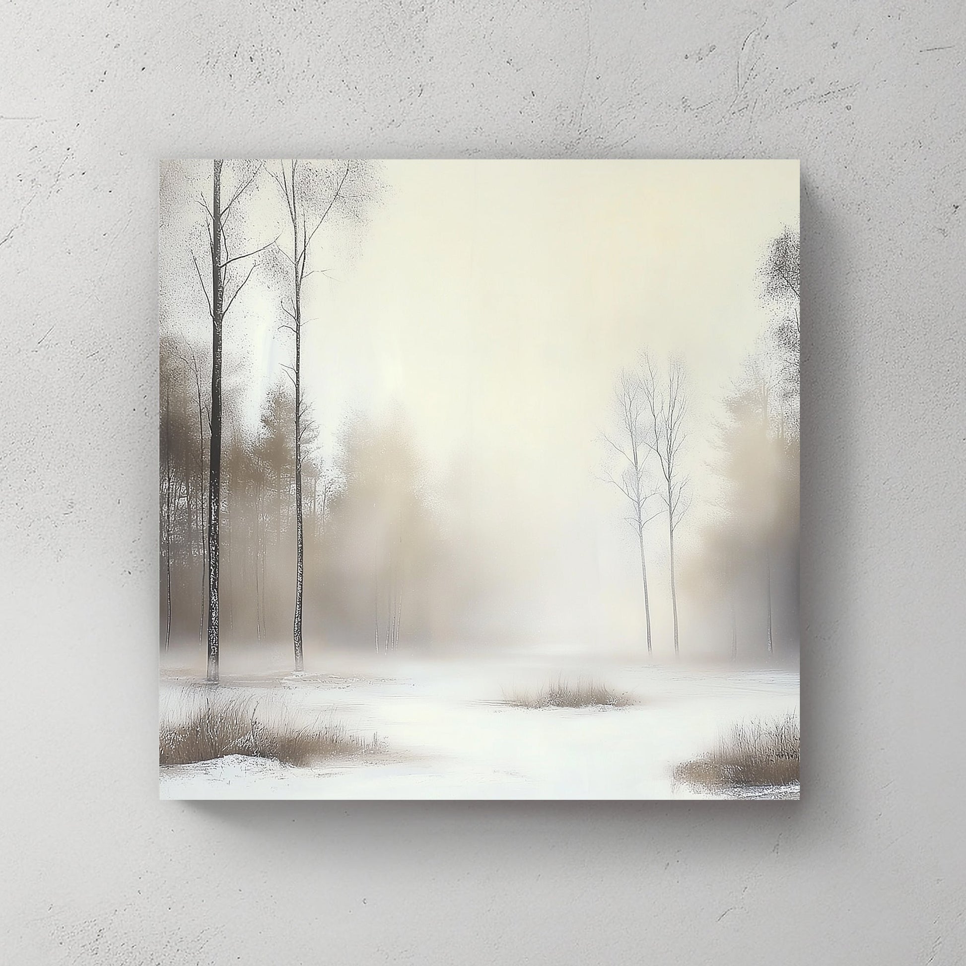 Winter landscape with tall, slender trees and a misty, frosted woodland backdrop.