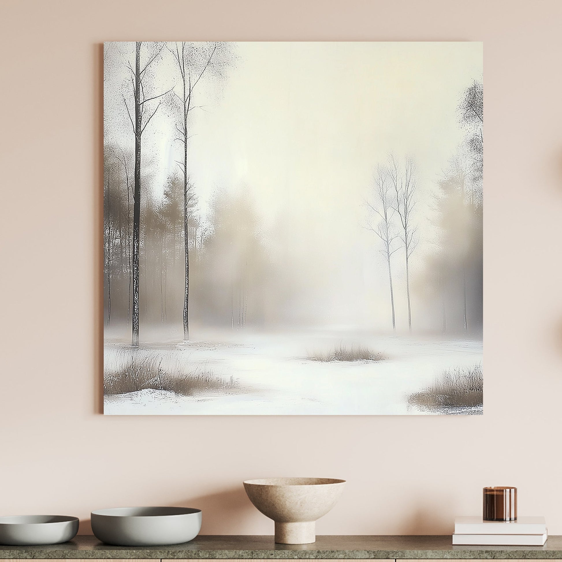 Winter landscape with tall, slender trees and a misty, frosted woodland backdrop.