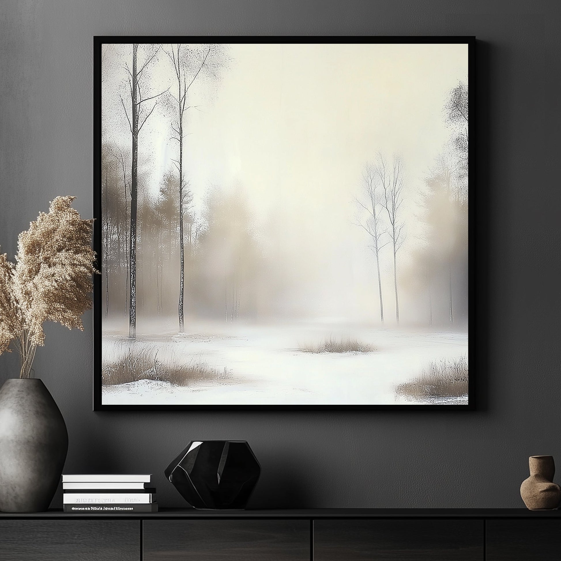 Winter landscape with tall, slender trees and a misty, frosted woodland backdrop.