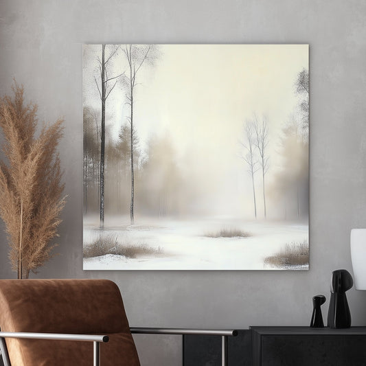 Winter landscape with tall, slender trees and a misty, frosted woodland backdrop.